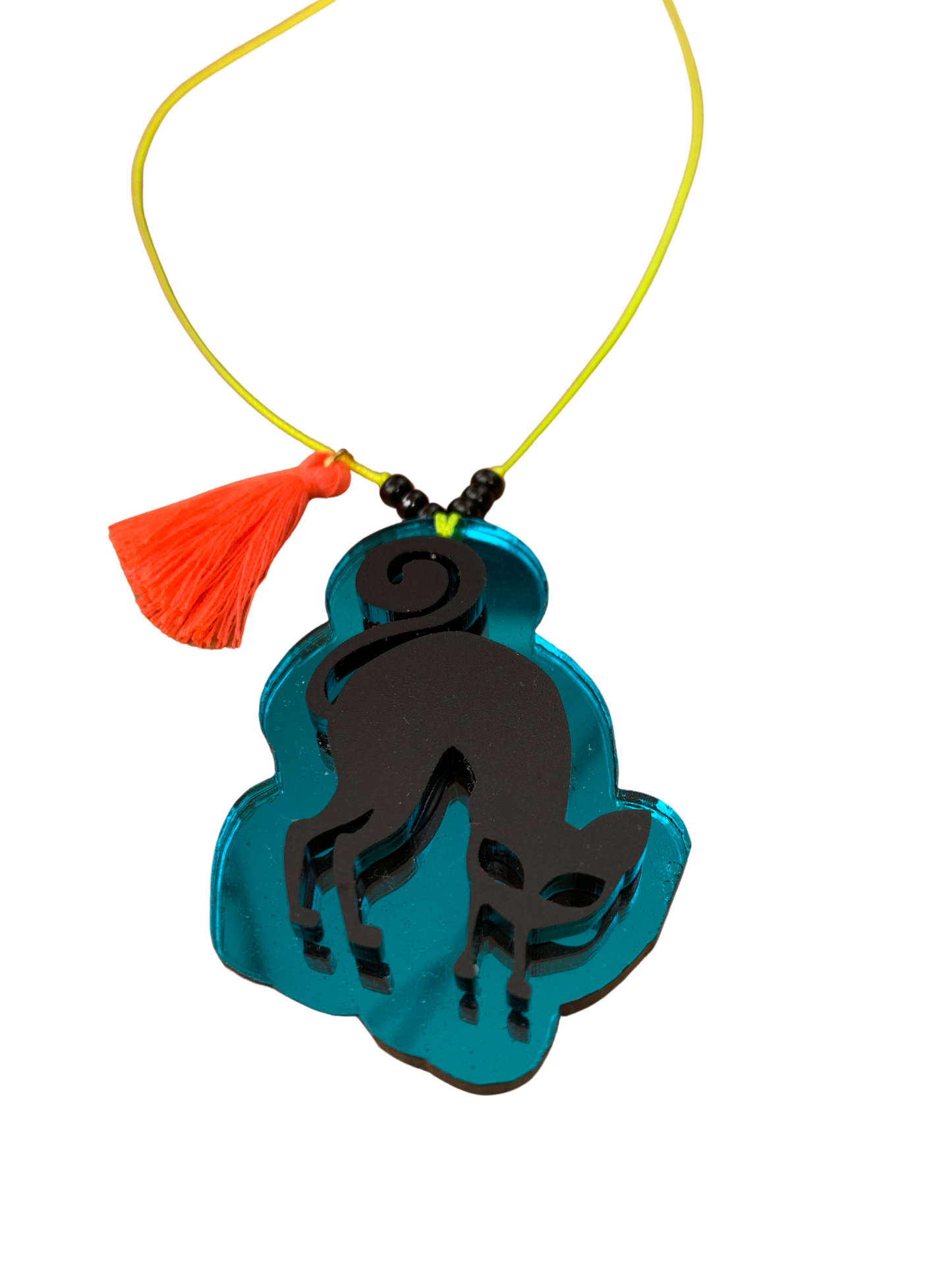 Black Cat with Teal Mirror 3d Tassel Necklace