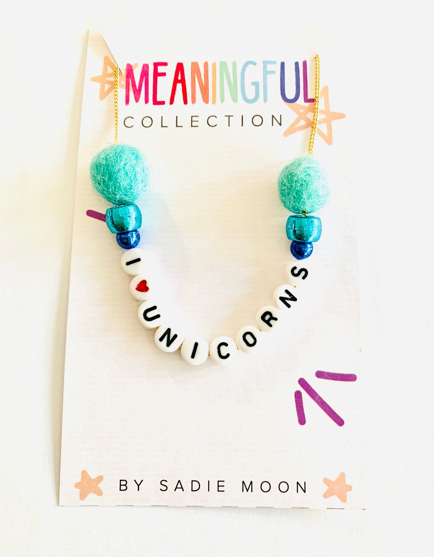 I love unicorns blue pom pom necklace