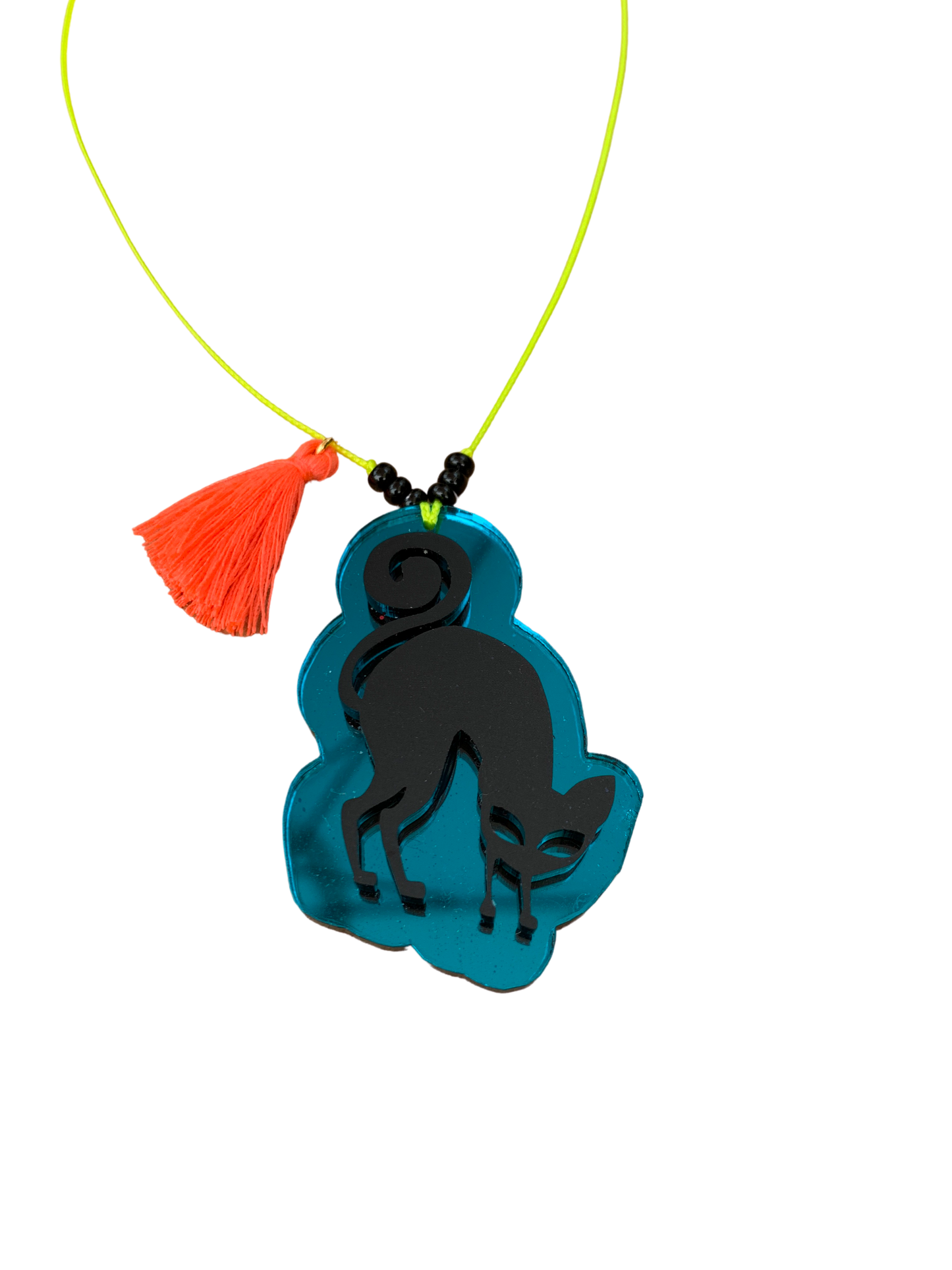 Black Cat with Teal Mirror 3d Tassel Necklace