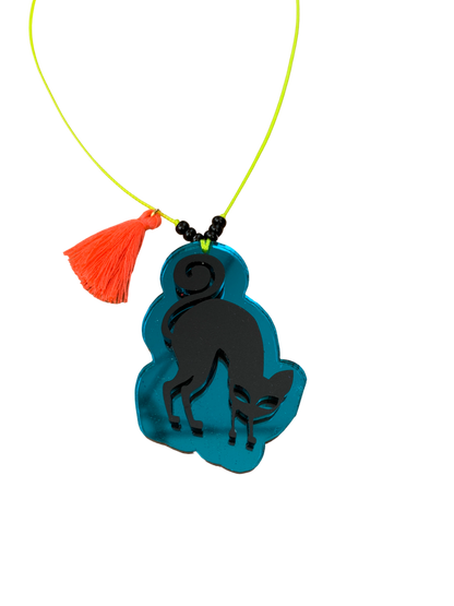 Black Cat with Teal Mirror 3d Tassel Necklace