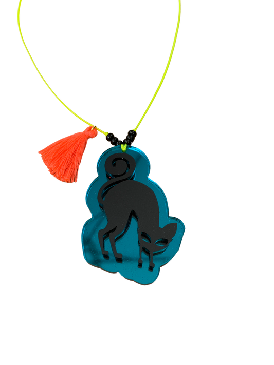 Black Cat with Teal Mirror 3d Tassel Necklace