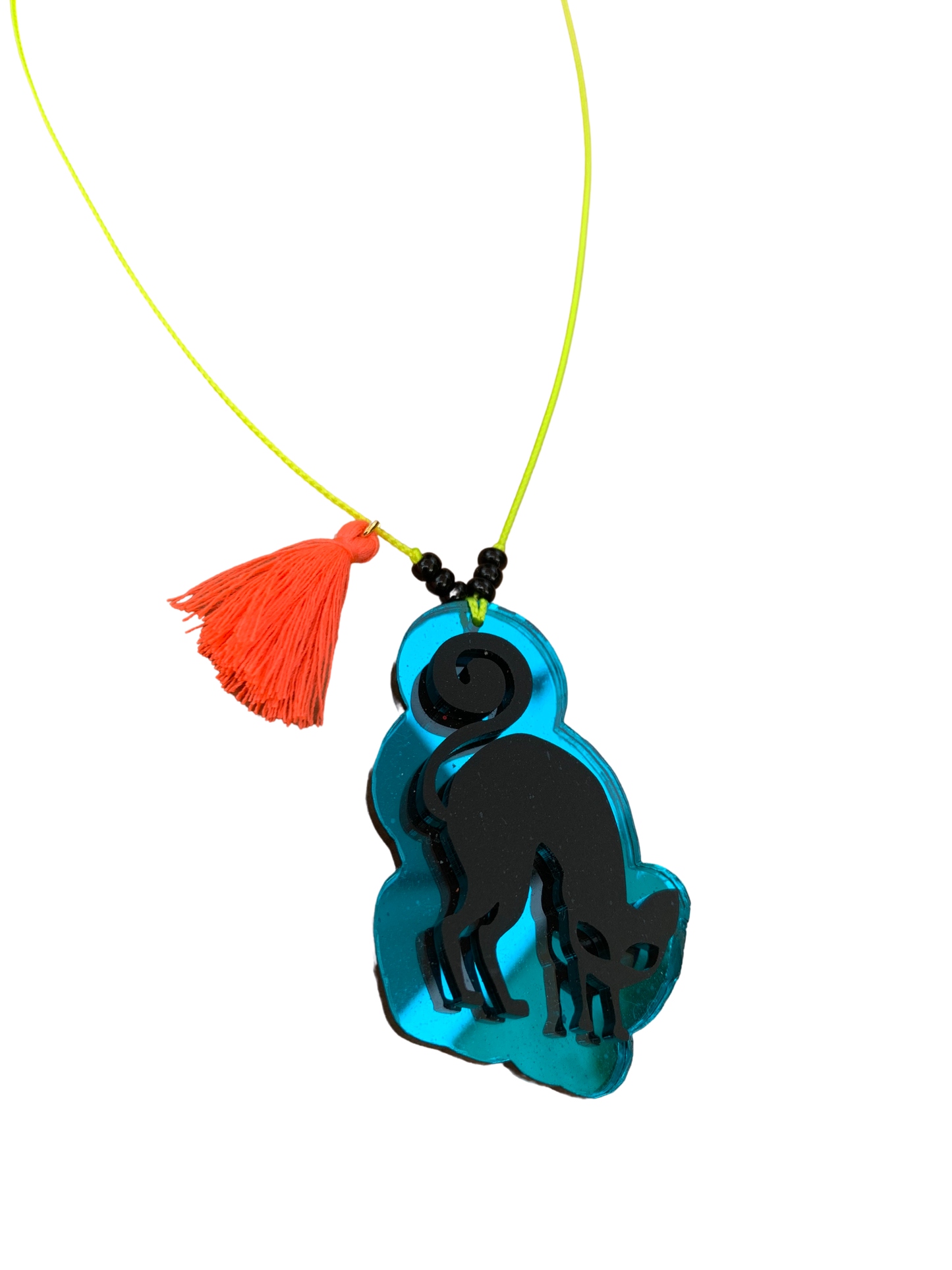 Black Cat with Teal Mirror 3d Tassel Necklace