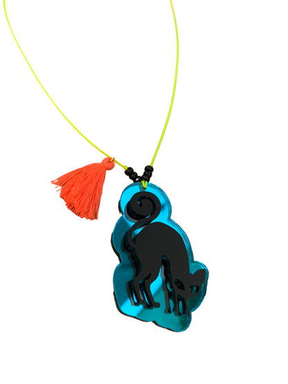Black Cat with Teal Mirror 3d Tassel Necklace
