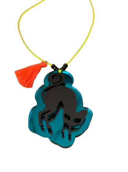 Black Cat with Teal Mirror 3d Tassel Necklace