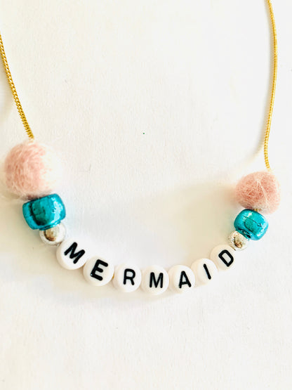 pink and blue mermaid gold necklace